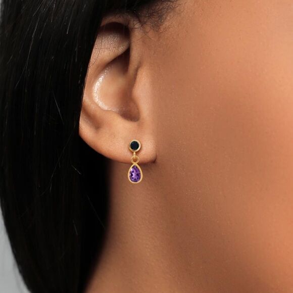 14K Yellow Gold with 0.92 Cttw Amethyst and Black Onyx Post Back Drop Earrings - Picture 3 of 4